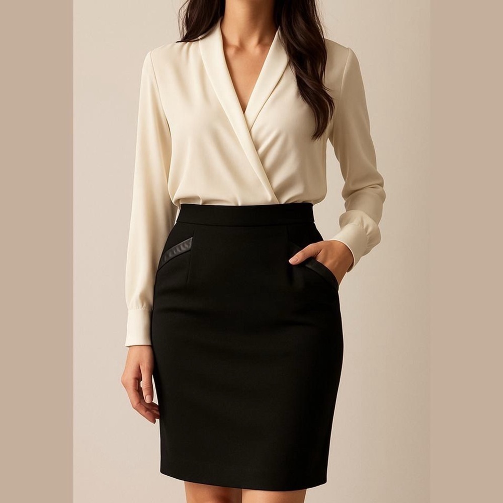 Vintage Black Wool Pencil Skirt leather trim Size Large by Garey Petites Chic